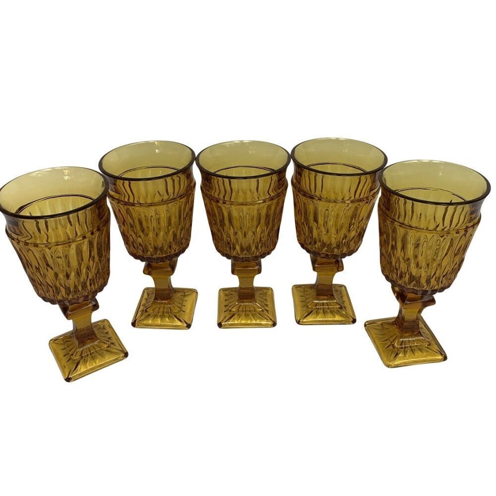 Vintage Indiana Glass Mt. Vernon Amber Wine Goblets Diamond 5 1/2" Footed (5)